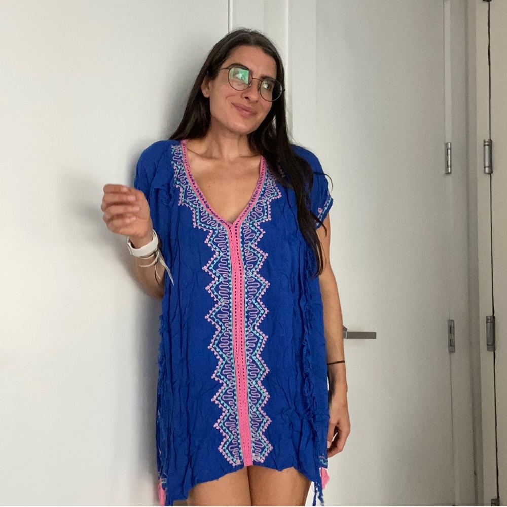 Authentic Mexican Beach Coverup Blue Pink Mint with Tassles One Size